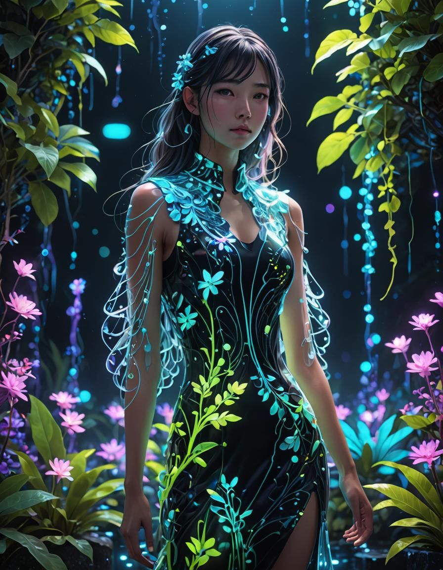 Iridescent Water Dress in Fluorescent Bioluminescent Light