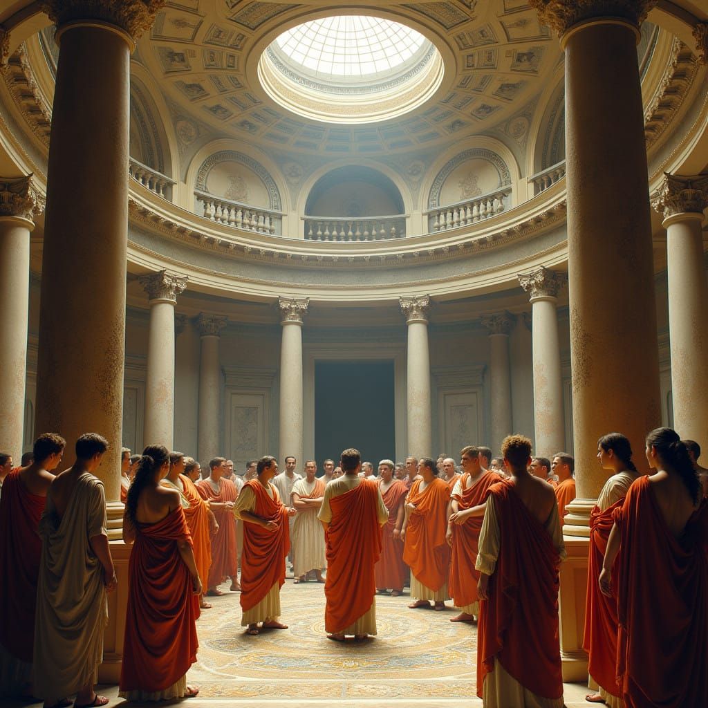 Ancient Roman Senators in a Grand Neoclassical Senate