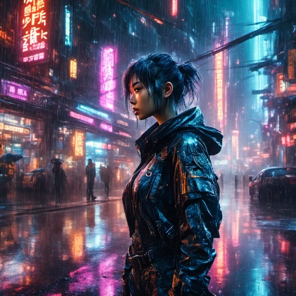 Rain-Soaked Cyberpunk Cityscape with Cyborg Woman
