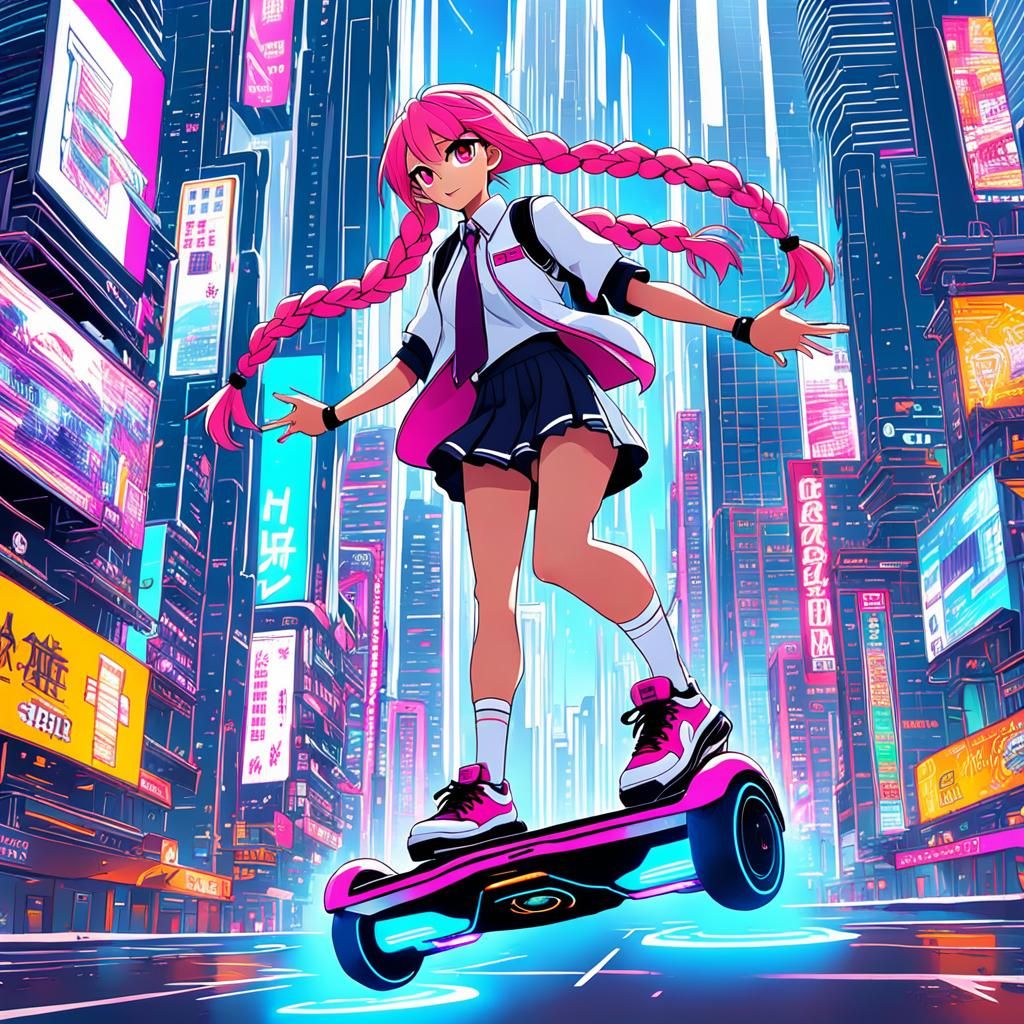 Anime Girl on Hoverboard in Futuristic Cityscape