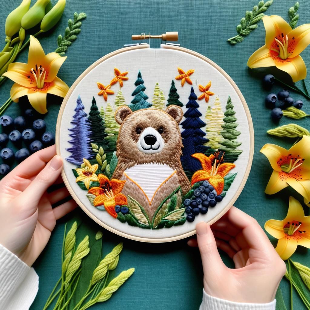 Embroidered Baby Bear in Forest with Tiger Lilies