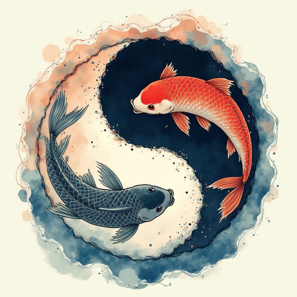 Ying Yang Symbol with Fish in Hokusai Style