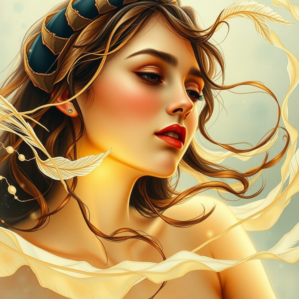 Ethereal Woman in Dreamlike Waters, Art Nouveau Style