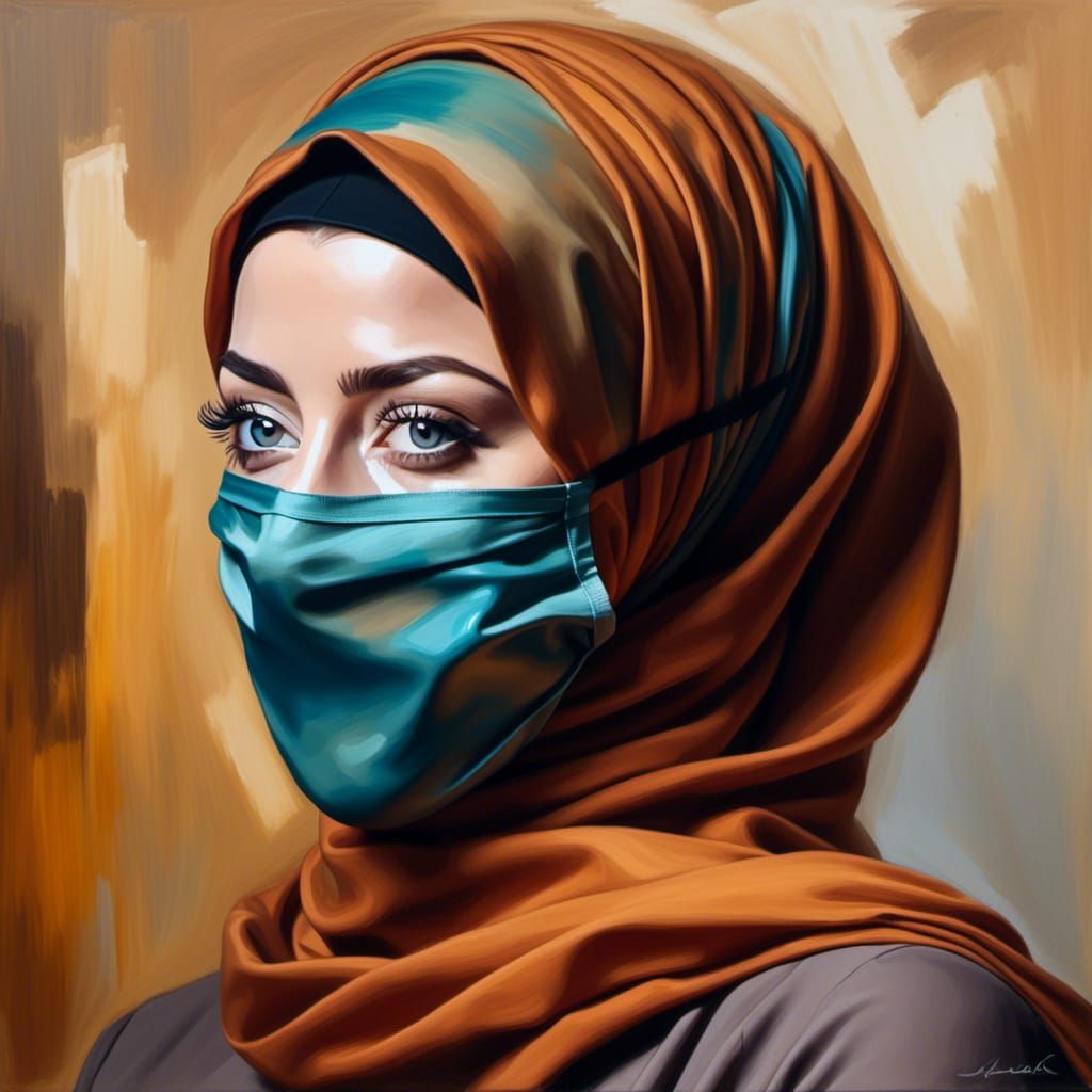 Masked Beauty in Hijab, Oil Painting Style