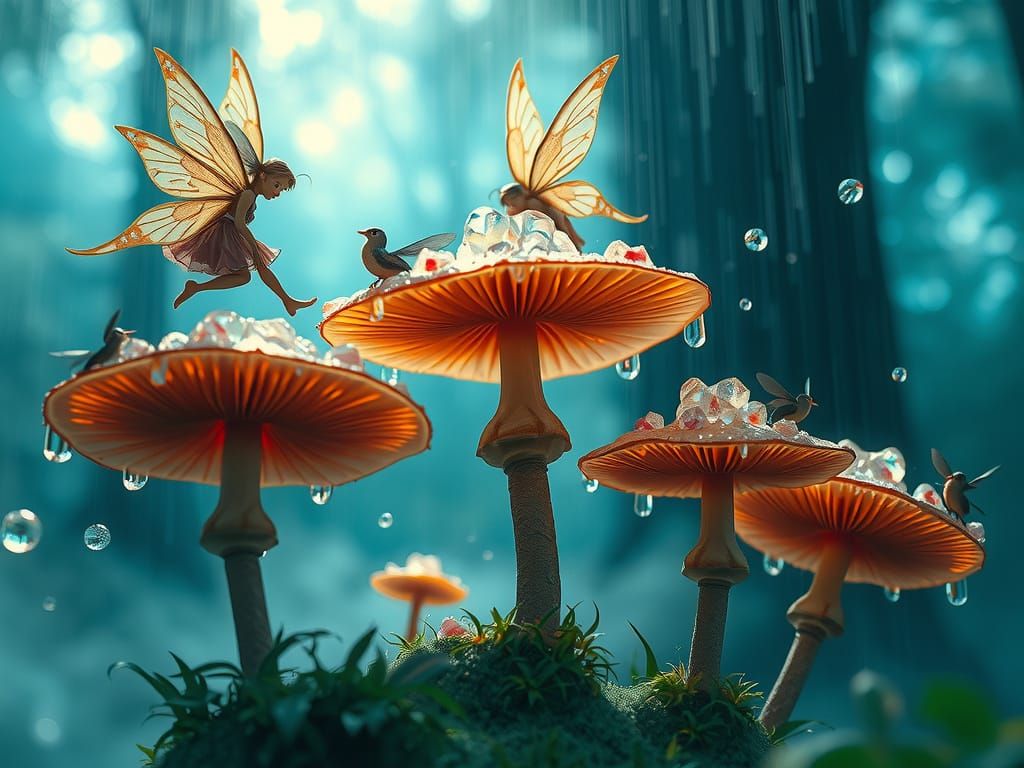 Whimsical Fairies Dance Amidst Glowing Mushroom Forests in D...