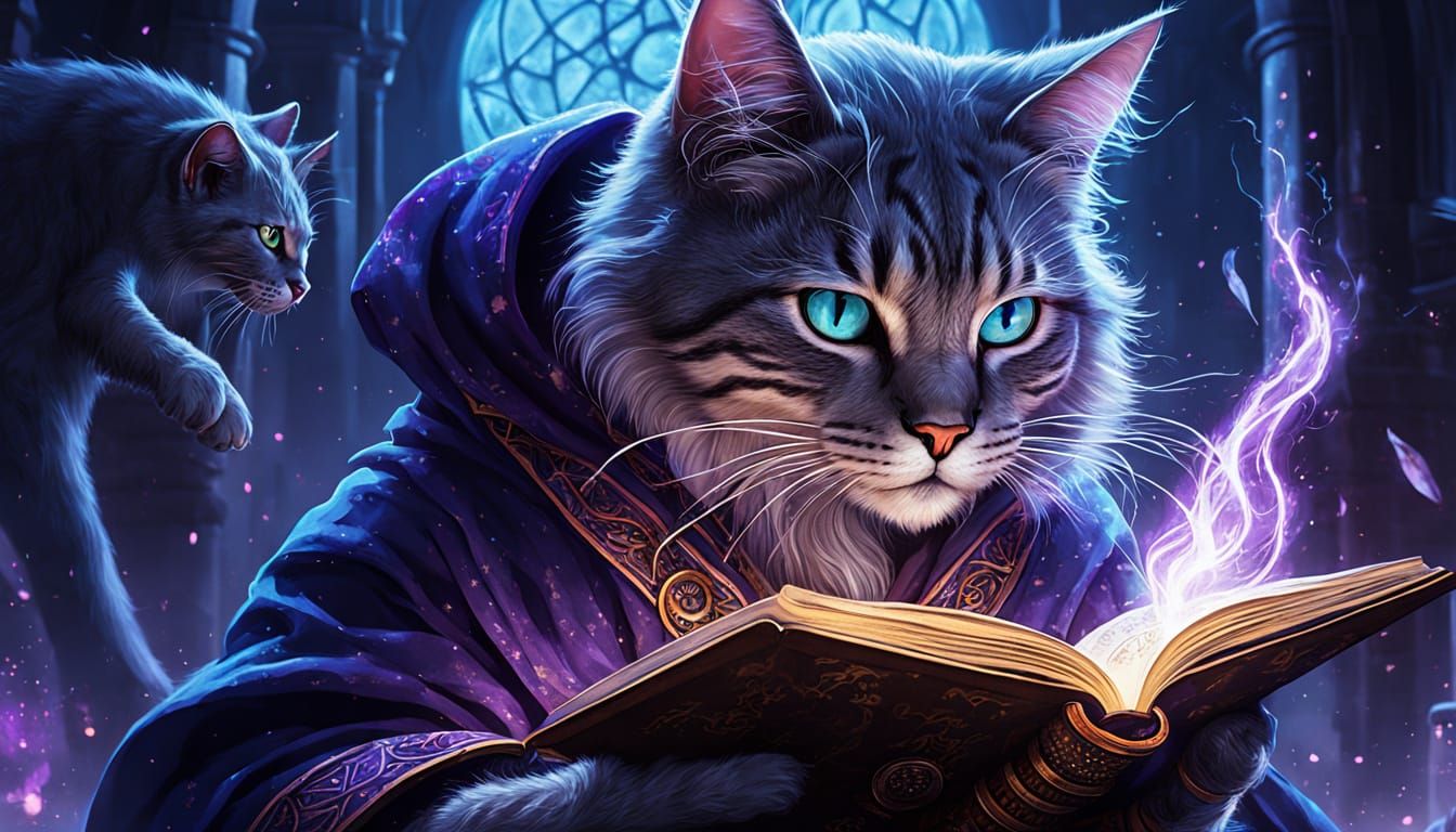 Mystical Cat Sorceress Casting Spell: Fantasy Art