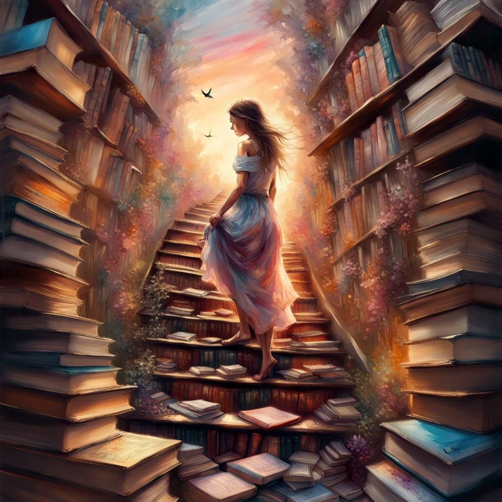 Impressionist Woman Climbs Book Staircase to Fantasy World