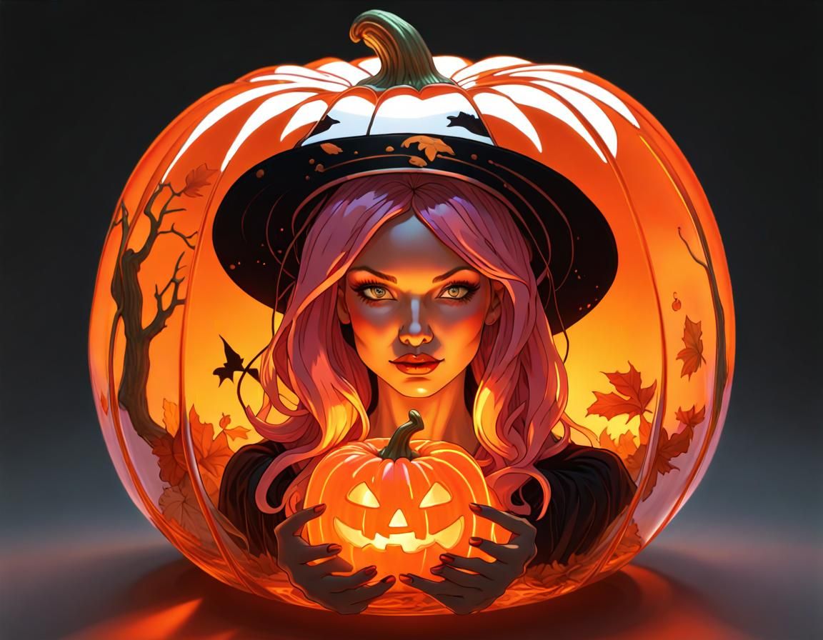 Glass Pumpkin with Witch, Digital Art by Rutkowski