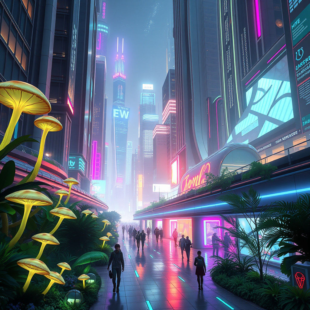 Bioluminescent Flora and Cyberpunk Cityscape