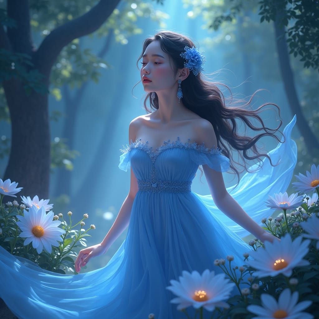 Ethereal Virgo Goddess in Bioluminescent Forest, 3D Anime St...