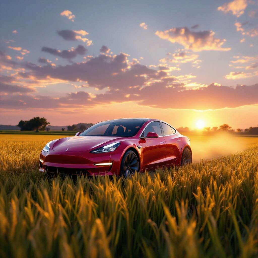 Futuristic Red Tesla Races Through Golden Rice Field at Suns...