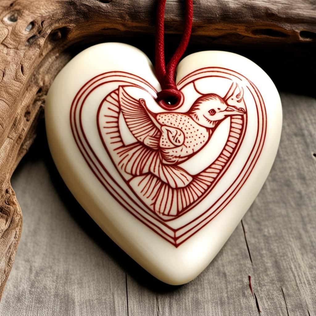Scrimshaw Carved Heart with Red Details