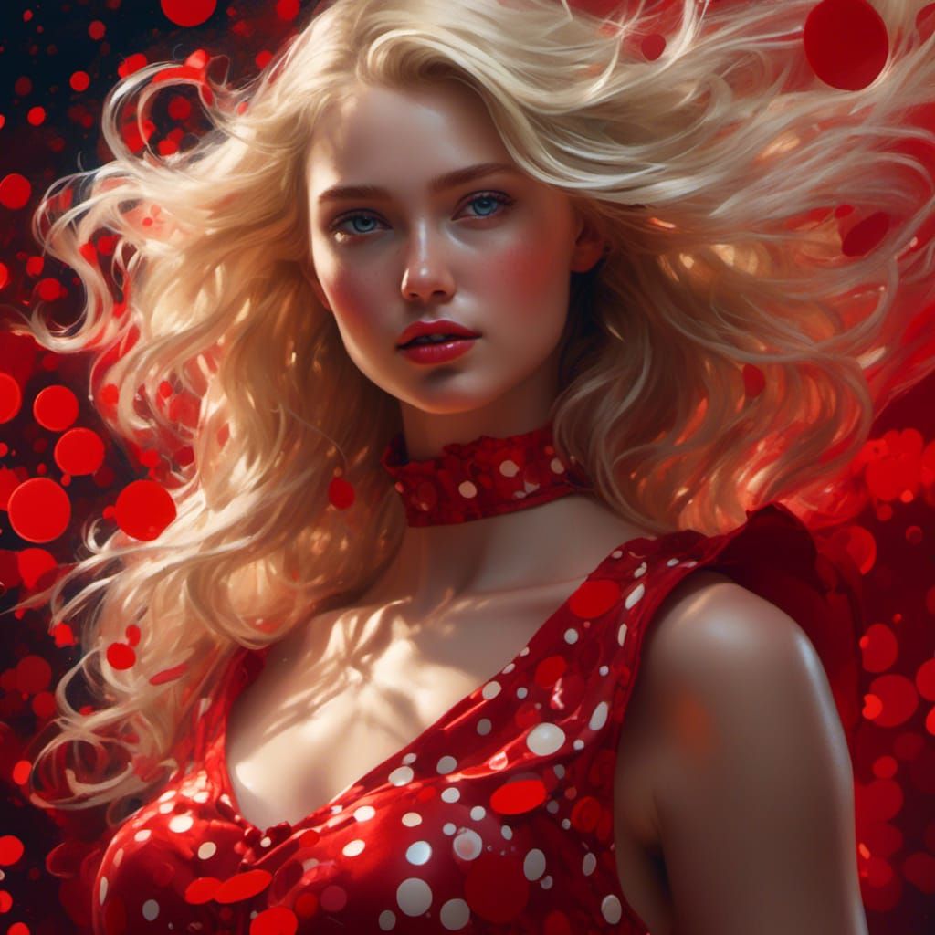 Curvy Blonde in Red Dress Portrait, Detailed Lighting