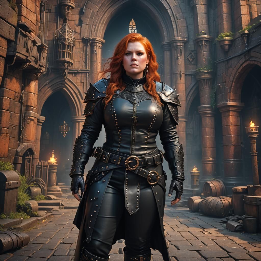 Dominant Redhead in Leather Outfit, Detailed Matte Painting