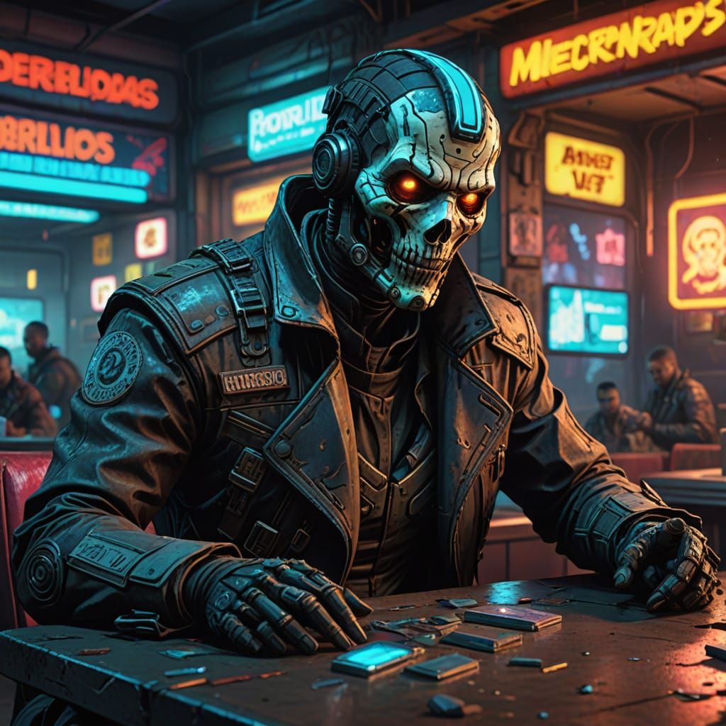 Cyberpunk Mercenary and Android in Neon Diner