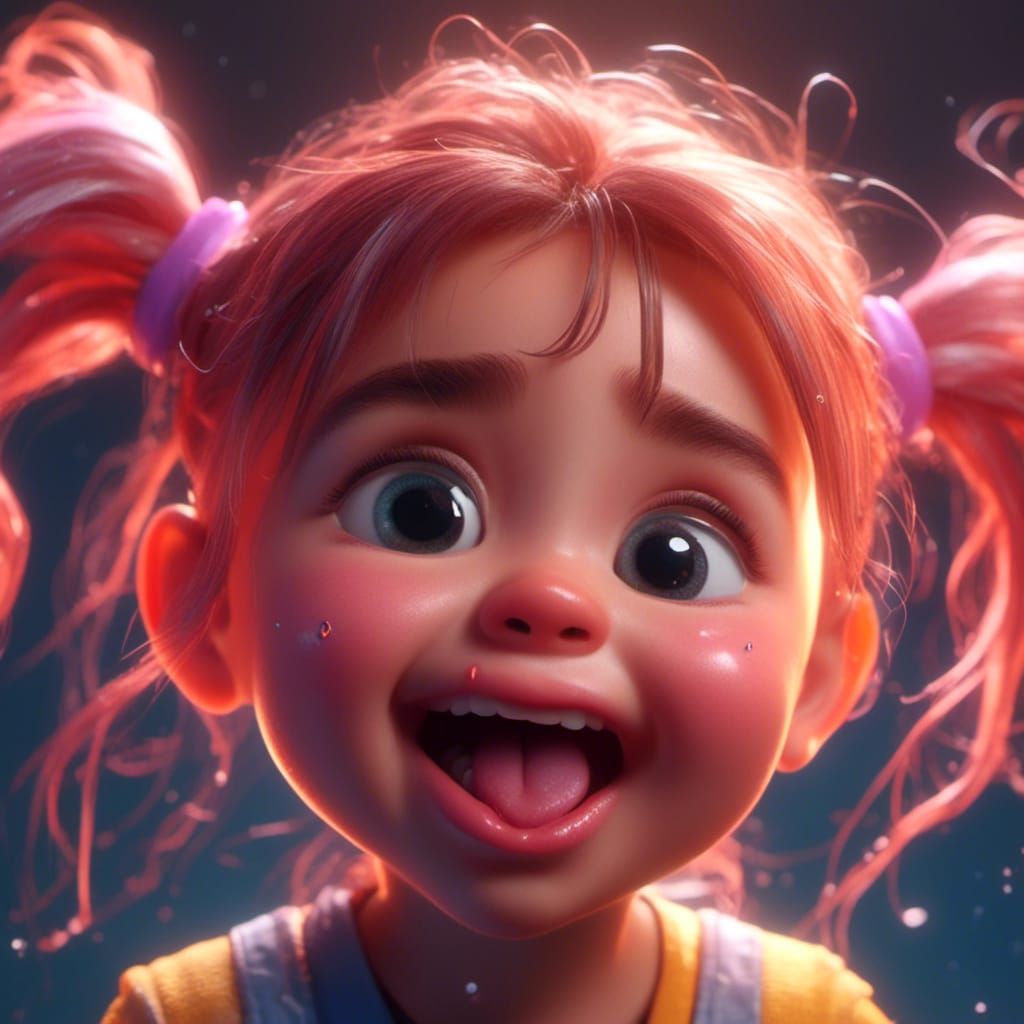 Playful Girl with Pigtails in Hyperrealistic Style