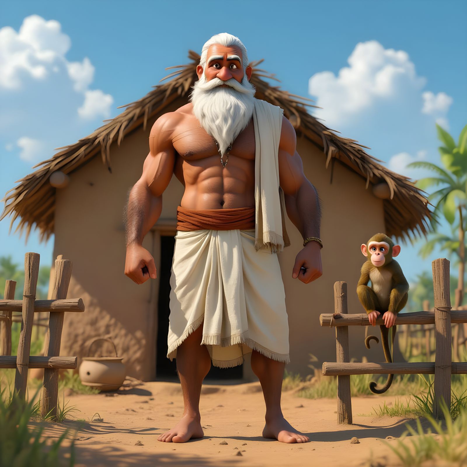 Muscular Old Indian Farmer with Monkey in Pixar Style