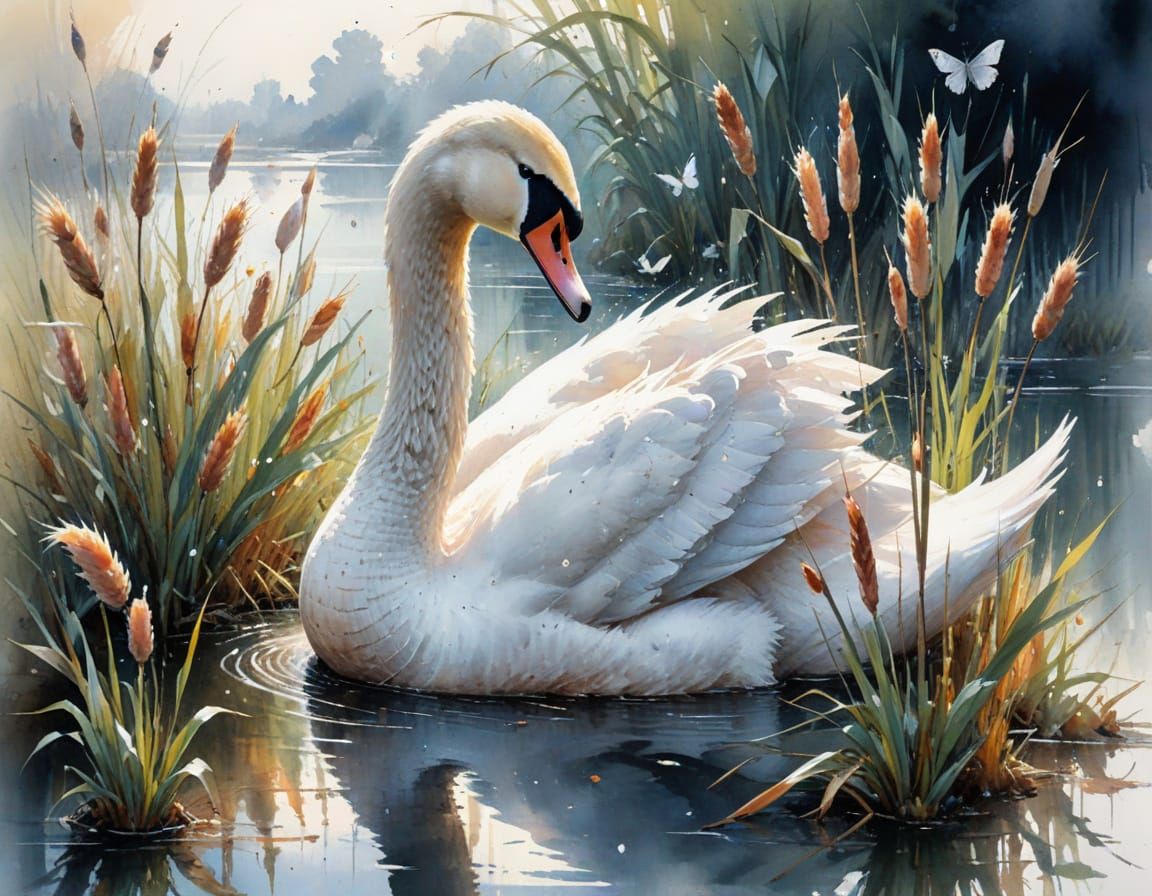 Swan Nesting Among Cattails in Watercolor Style
