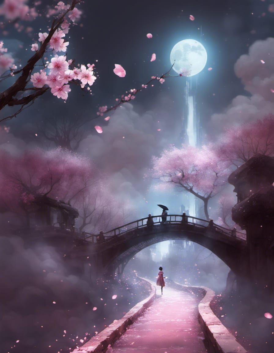 Moonlit Sakura Pathway in Vibrant Colors