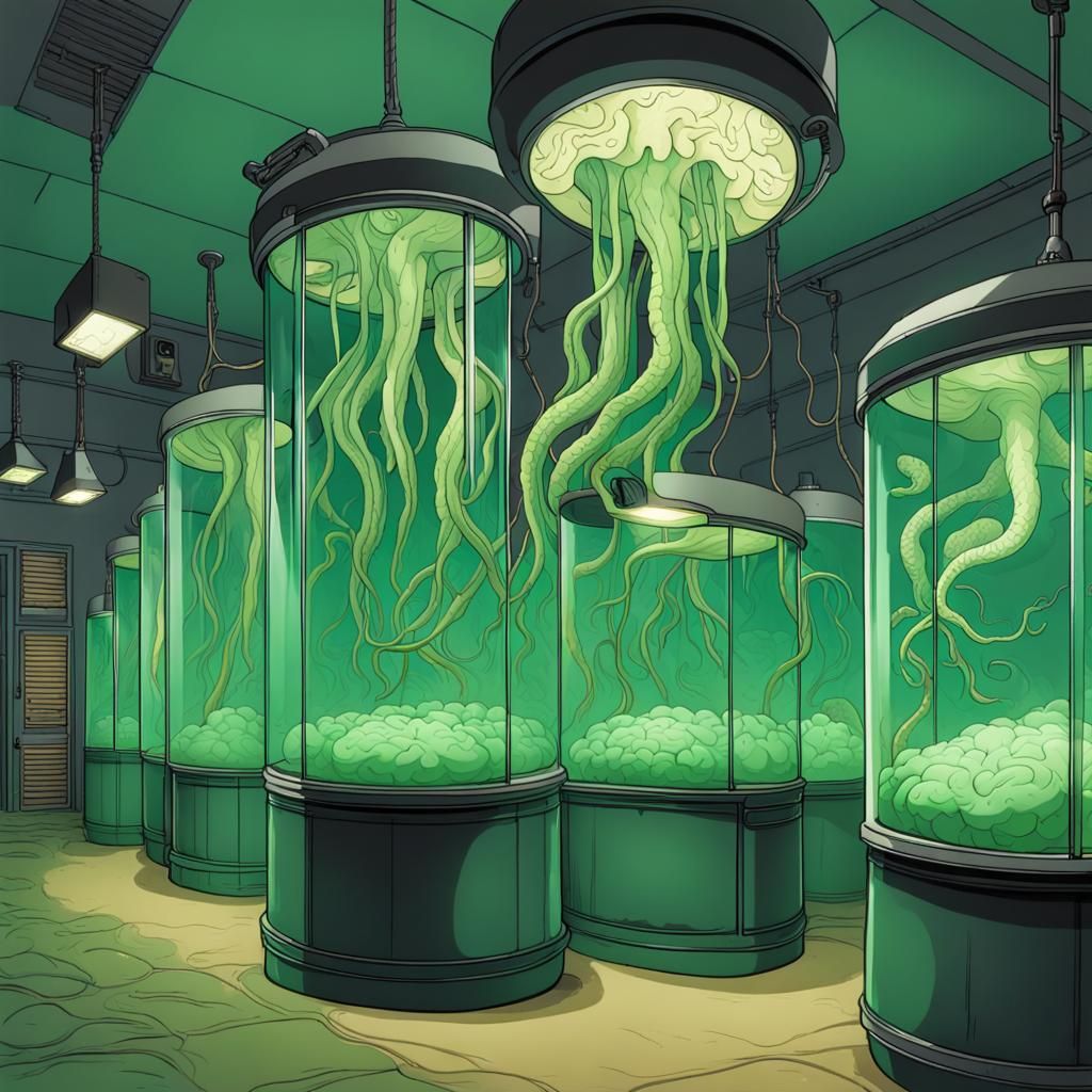 Eerie Brain Tank in Mysterious Lit Room