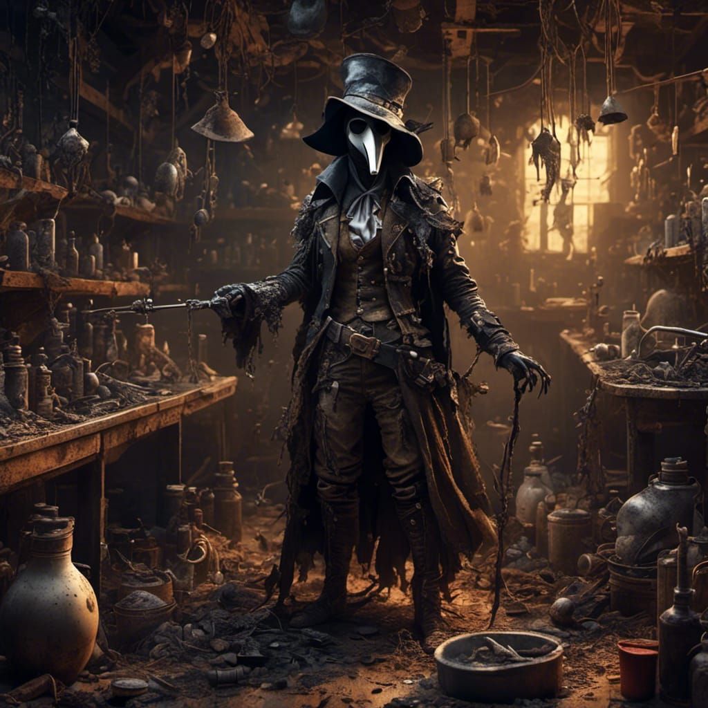 Hyperreal Female Plague Doctor in Chaotic Lab
