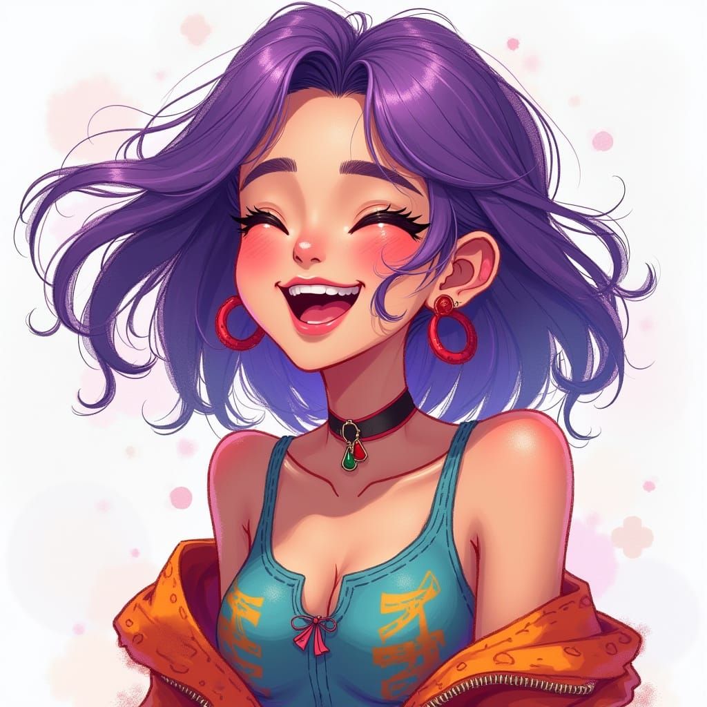 Colorful Portrait of a Smiling Girl with Purple Hair