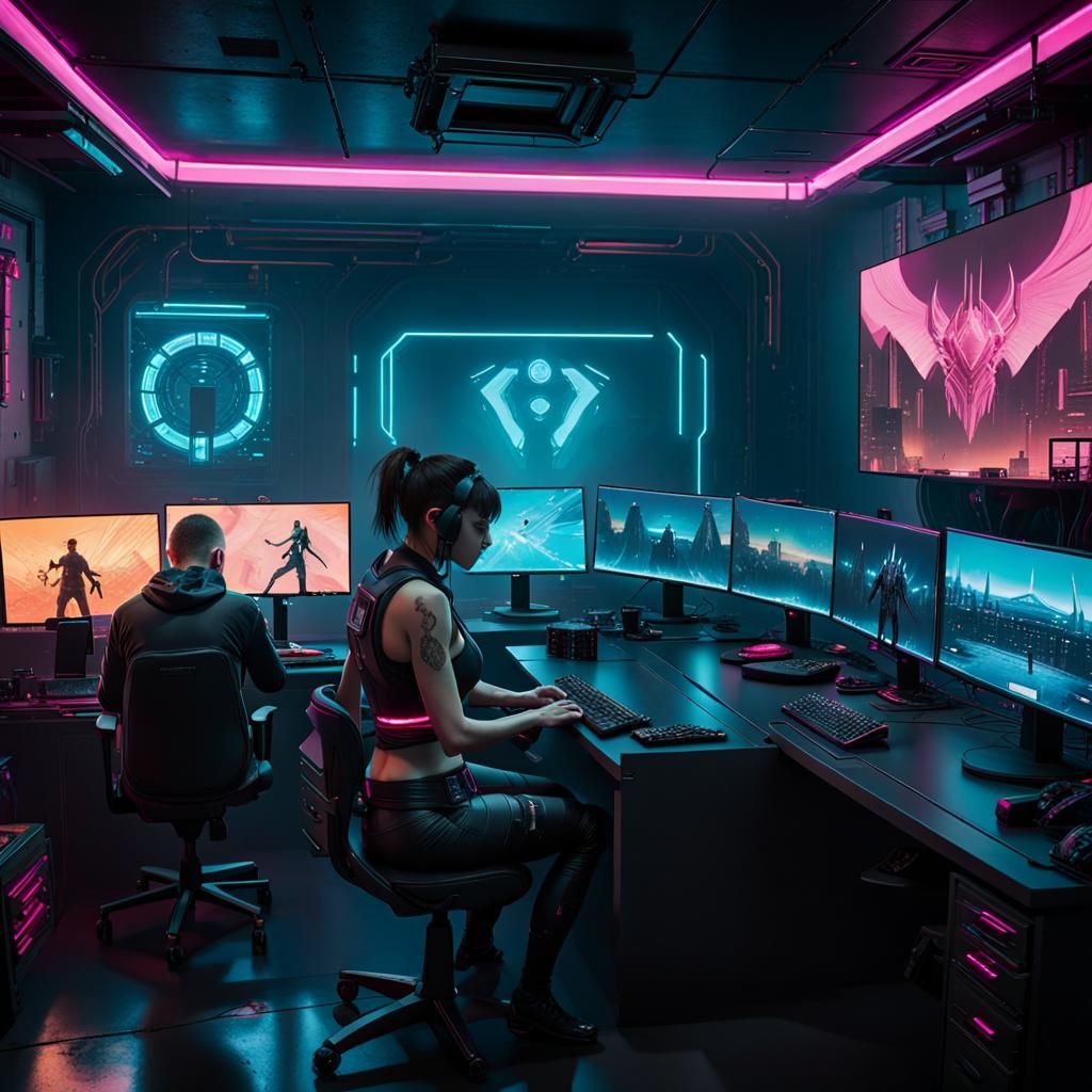Cyberpunk Gamers in a Neon-Lit Tech World
