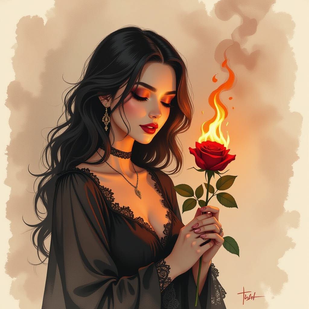 Goth Rose in Flames with Sepia Watercolor Textures