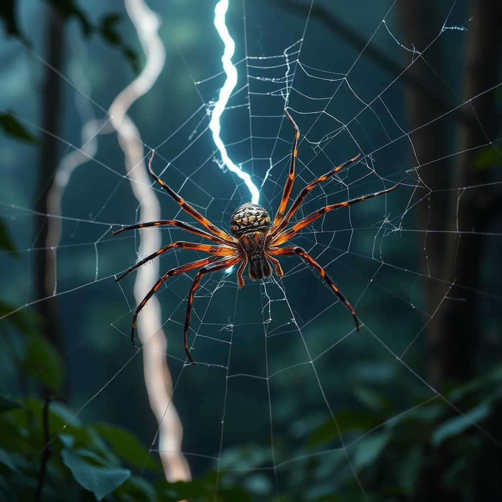 Bioluminescent Lightning Spider Weaving Web in Alien Forest