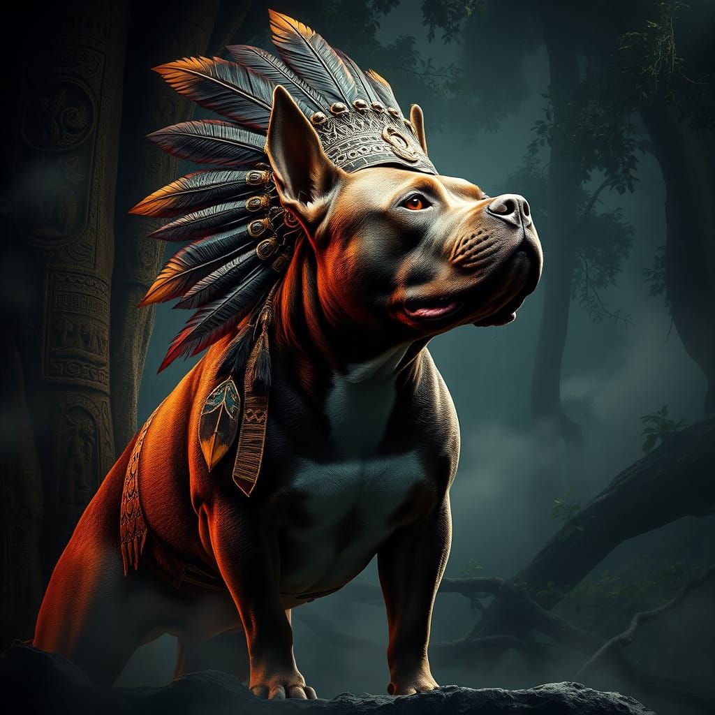 Majestic Pit Bull Warrior in Tribal Headdress