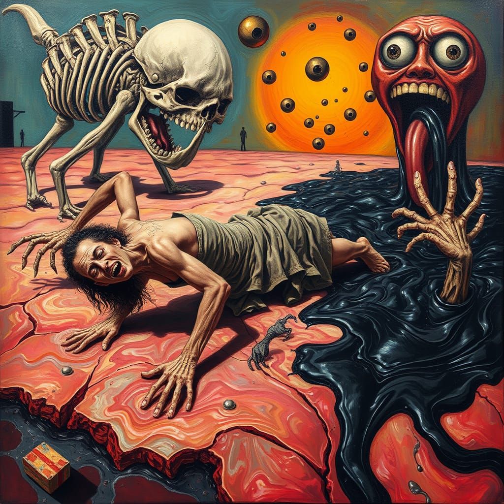 Surreal Acrylic Painting of a Figure Chased by Nightmares