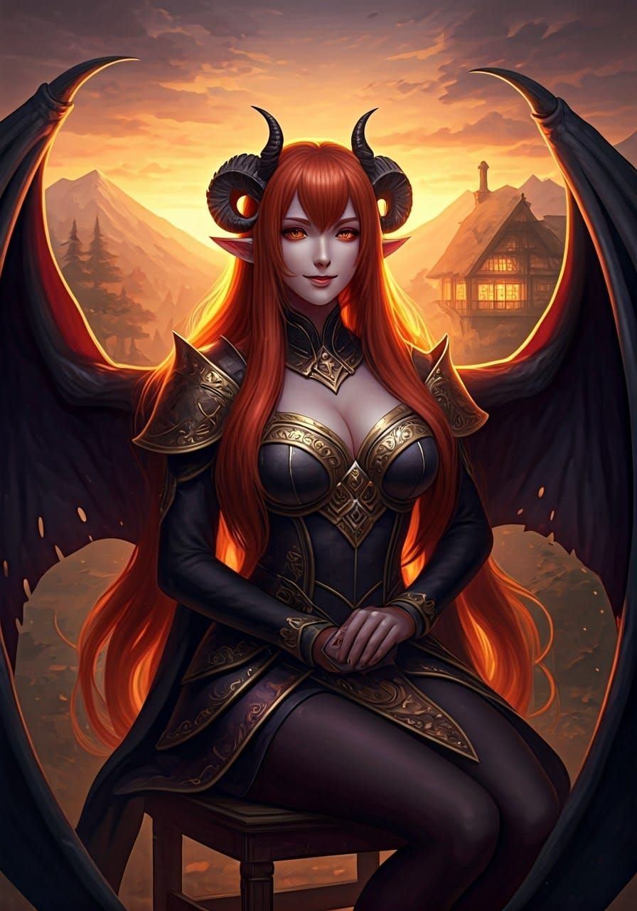 Enchanting Demoness with Serene Mountain Backdrop