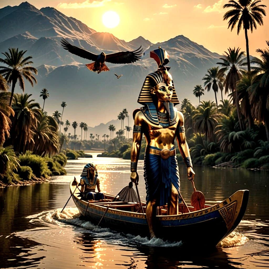 Ancient Egyptian God Ra Navigates Solar Barque Across Shimme...