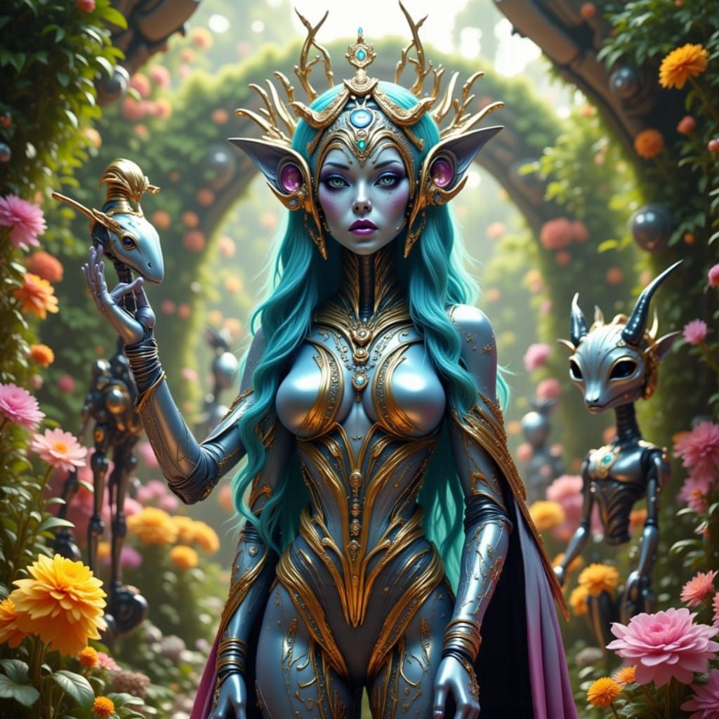 Alien Woman in Futuristic Garden with Robot Pets