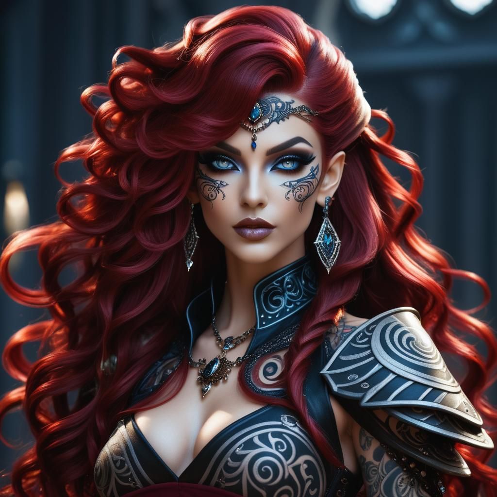 Tattooed Dark Elf Queen with Sapphire Eyes