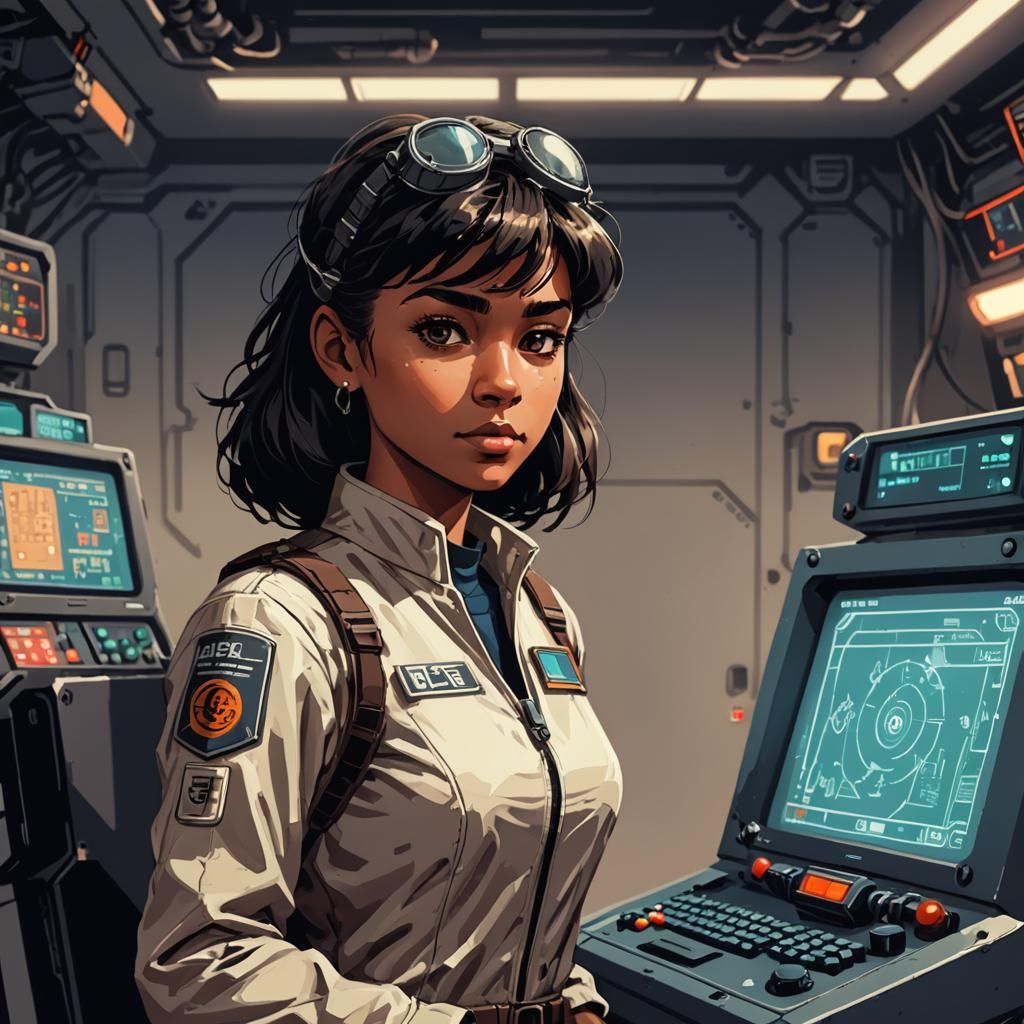 Sci-Fi Ship Mechanic Portrait in Retro Pixel Art