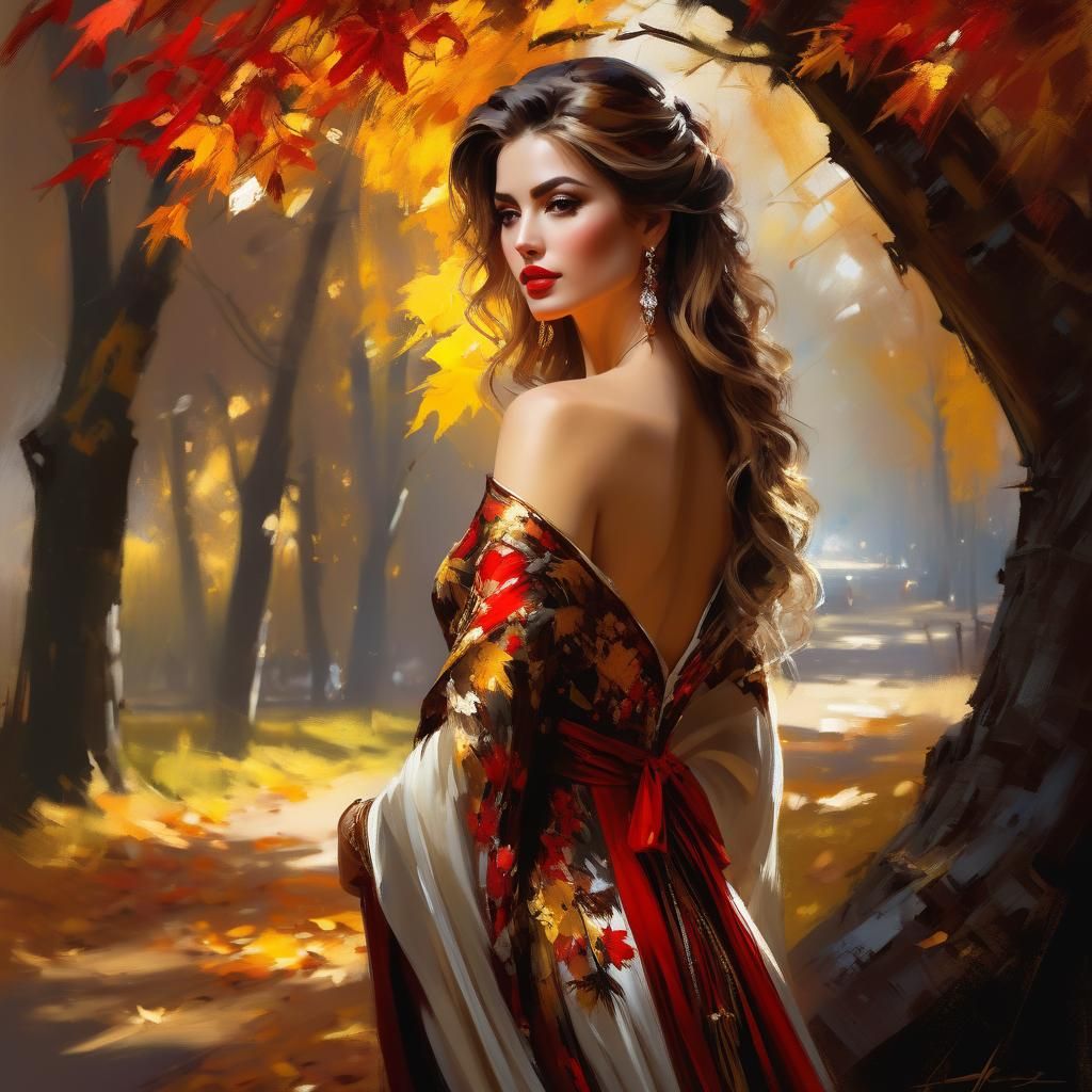 Beautiful Woman in Fall Dress as Digital Painting