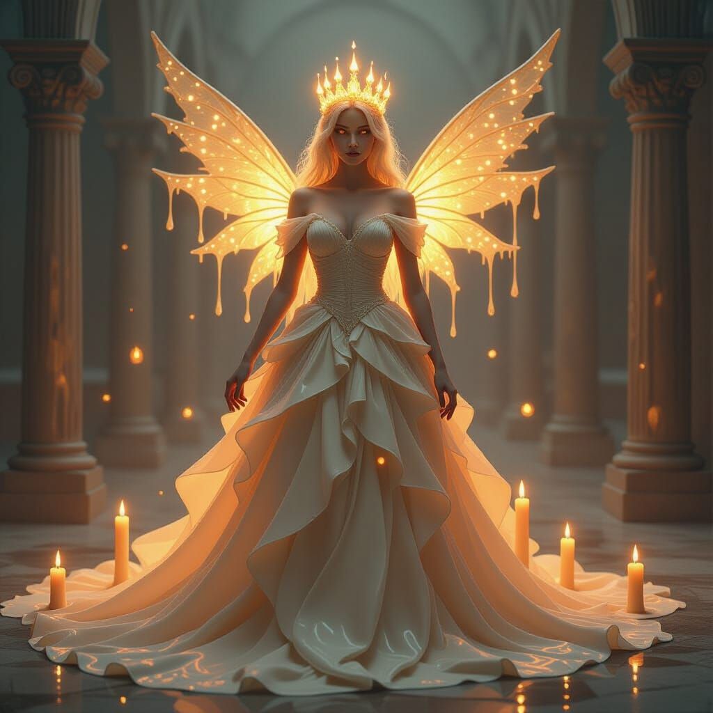 Wax Princess in Flowing Gown with Candleflame Wings