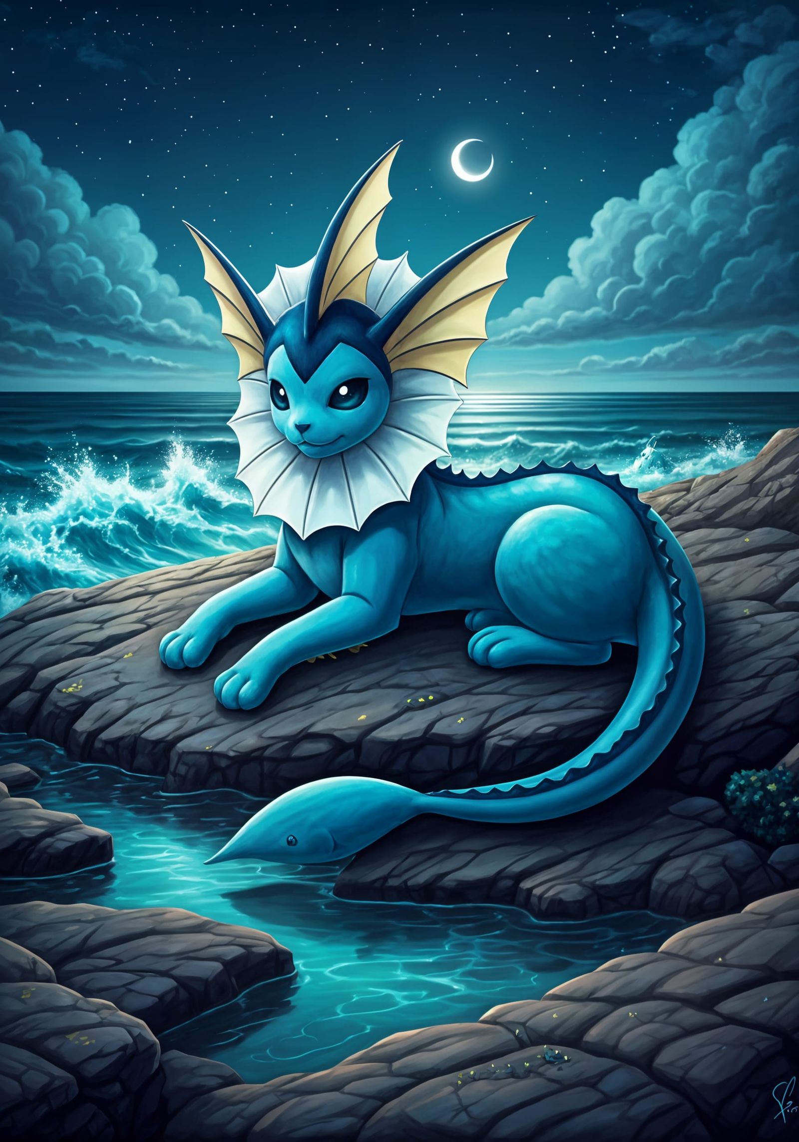 Dreamy Vaporeon on a Moonlit Rocky Shore