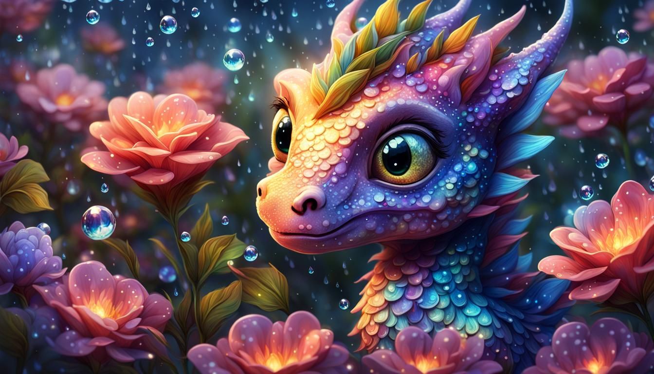 Iridescent Baby Dragon Playing in Flower Rain
