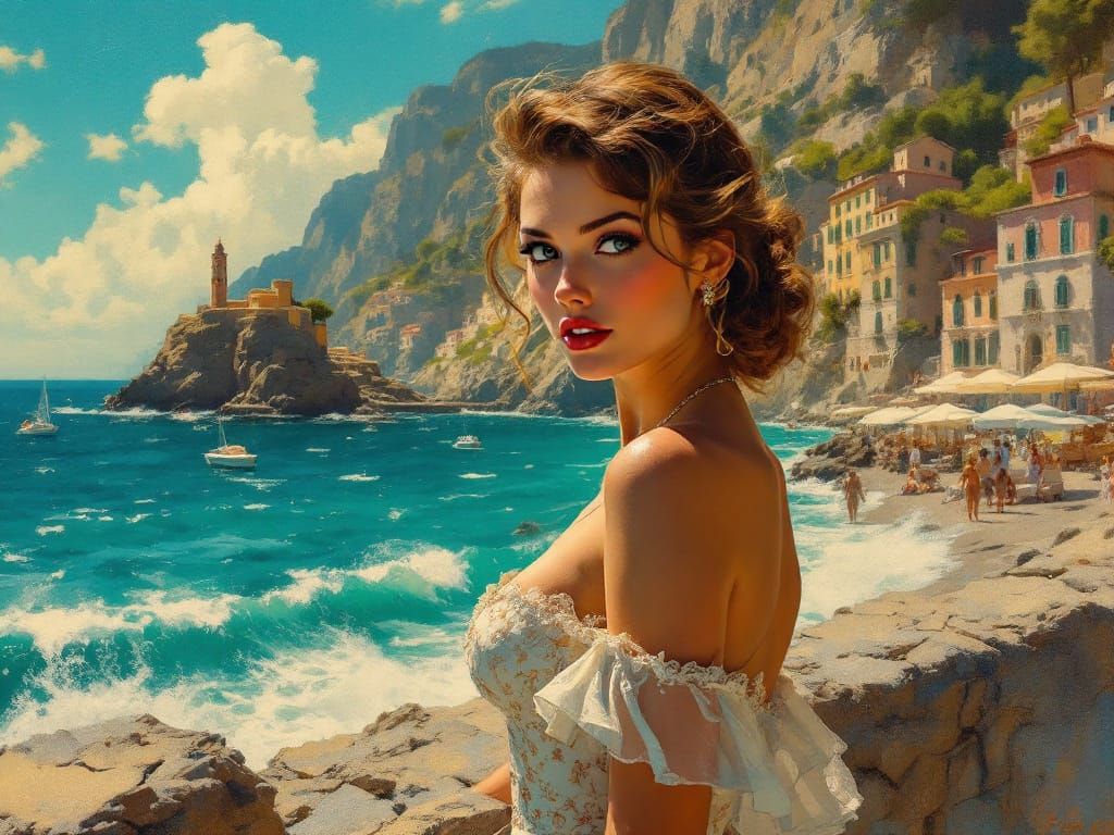 1950s Pin-Up Woman on Italian Coast in Vibrant Impressionist...
