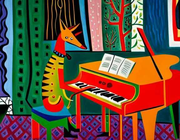 Dog Playing Piano in Surrealist Style