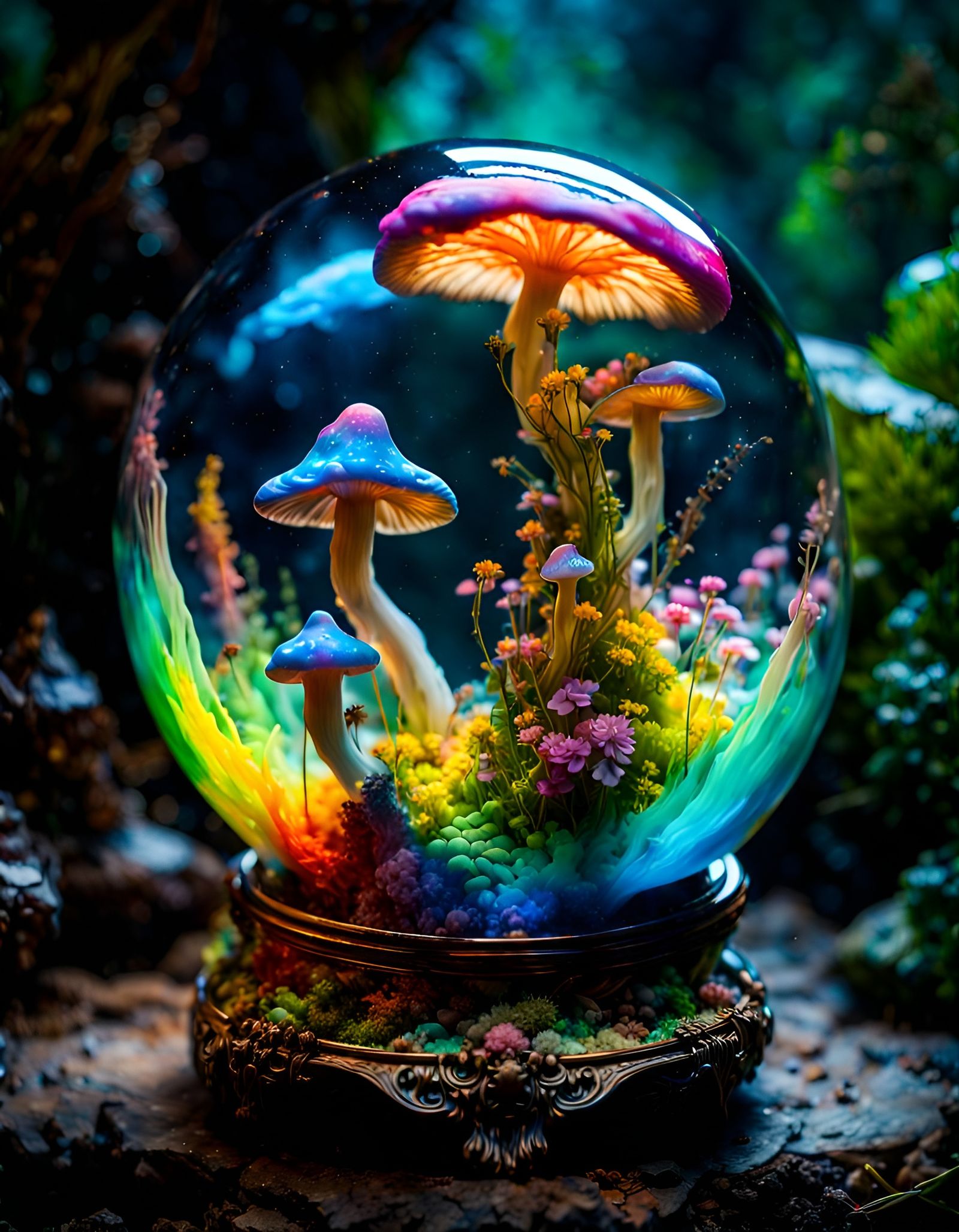 Rainbow Tigers and Mushroom Fairies in Glass Orb