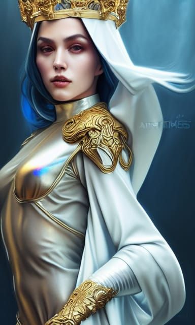 Futuristic Pope in Iridescent Metal Suit