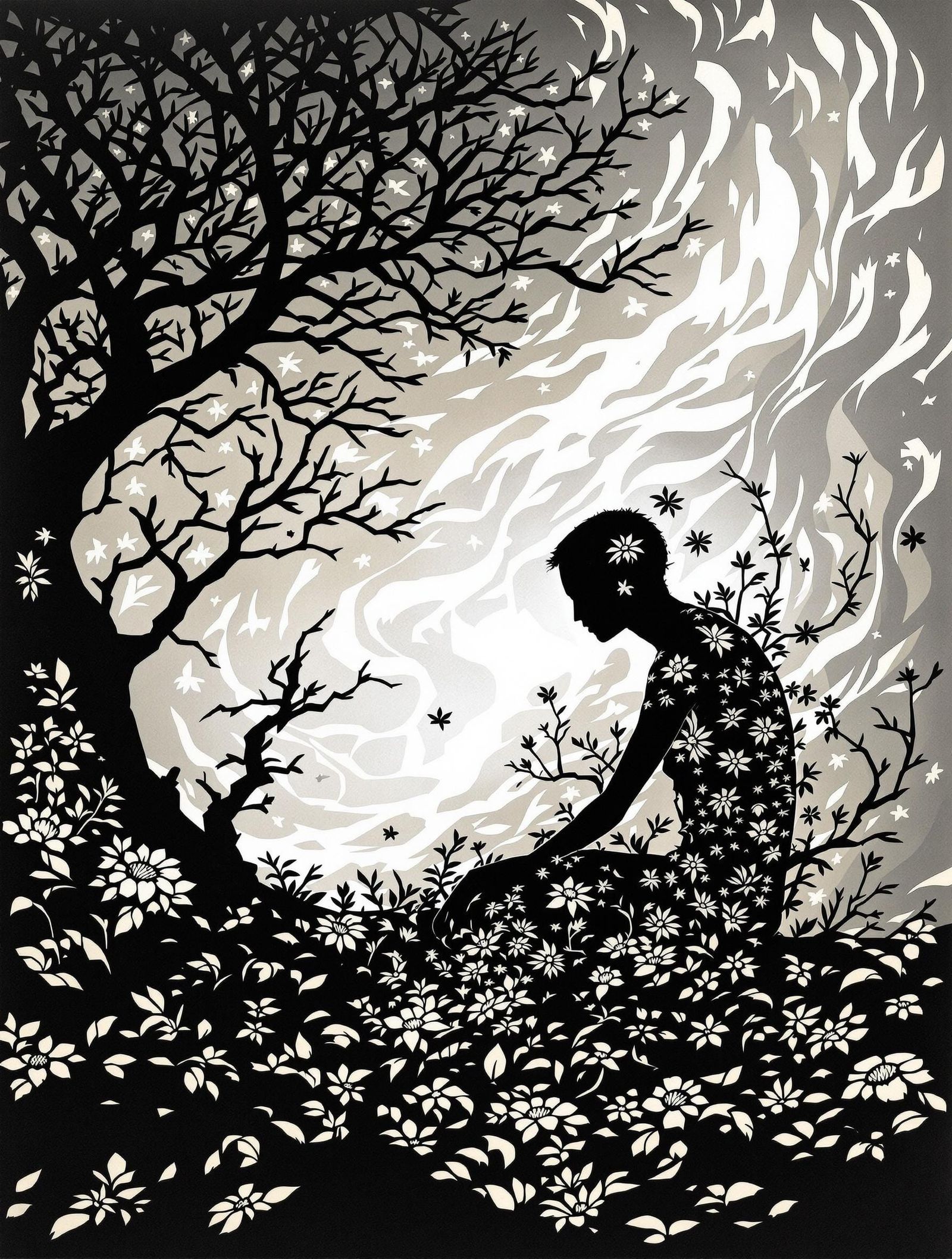 Figure in Kiri-e Papercut Art, Blending Desolation and Vital...