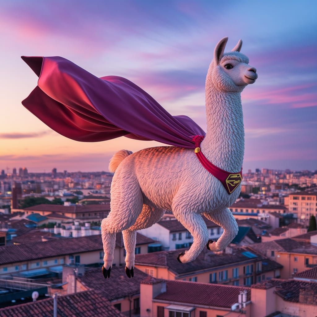 Superhero Llama Soaring Over Cityscape in Comic Style