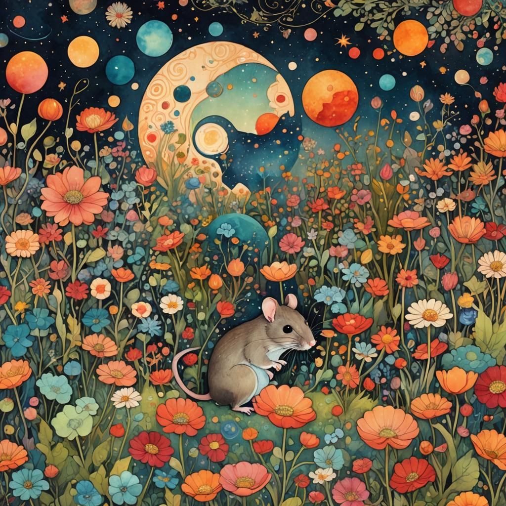 Mouse in a Whimsical Flower Garden