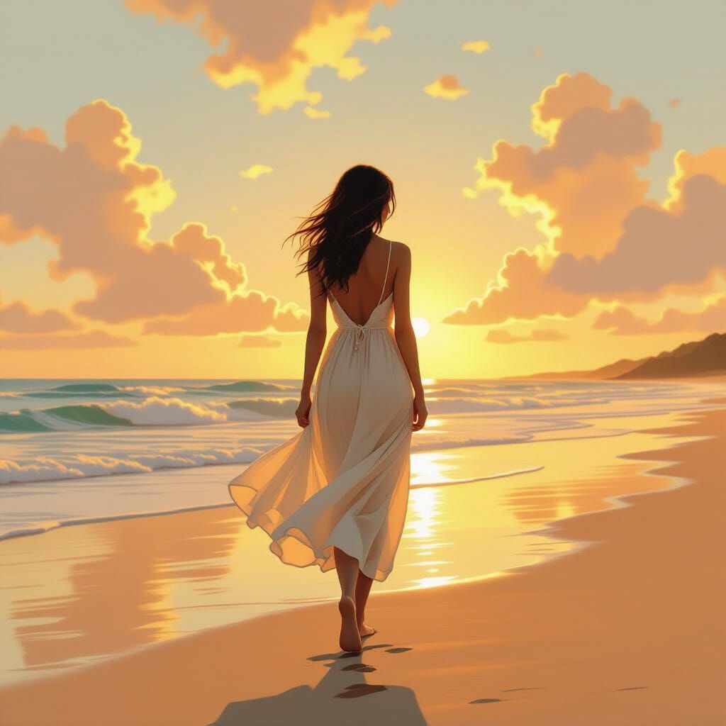 Woman on Beach at Sunset in Dreamy Style