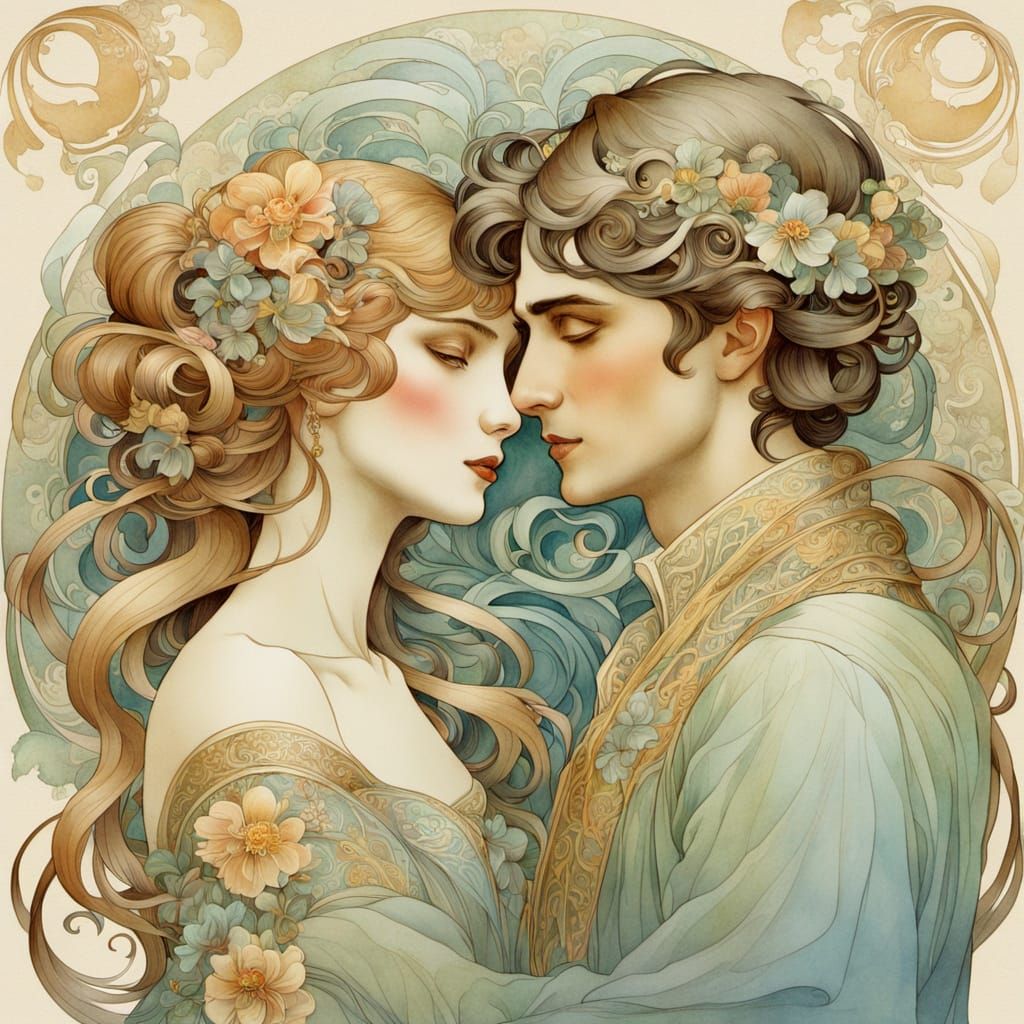 Art Nouveau Couple Embracing with Floral Hair