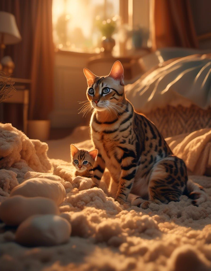 Bengal Cat Nursing Litter in Warm Digital Art